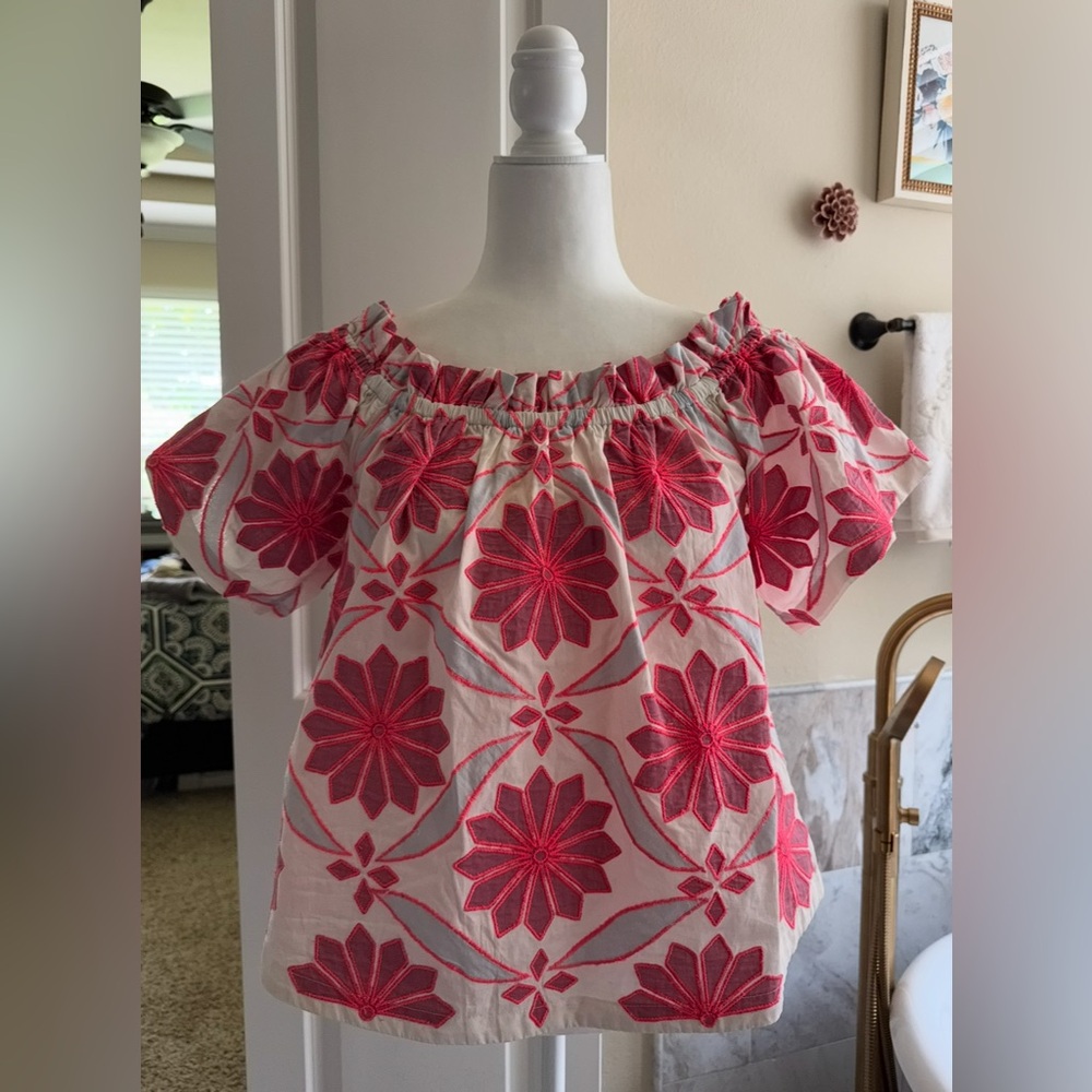 Anthropologie Maeve Neon Pink & White Embroidered Off the Shoulder Top - Picture 4 of 8
